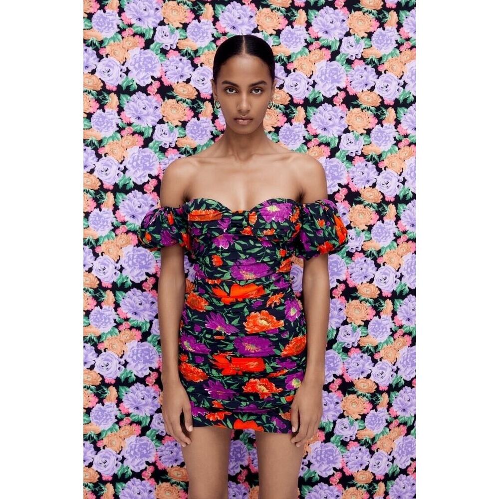 Zara‎ floral print off the shoulder puff sleeve mini dress